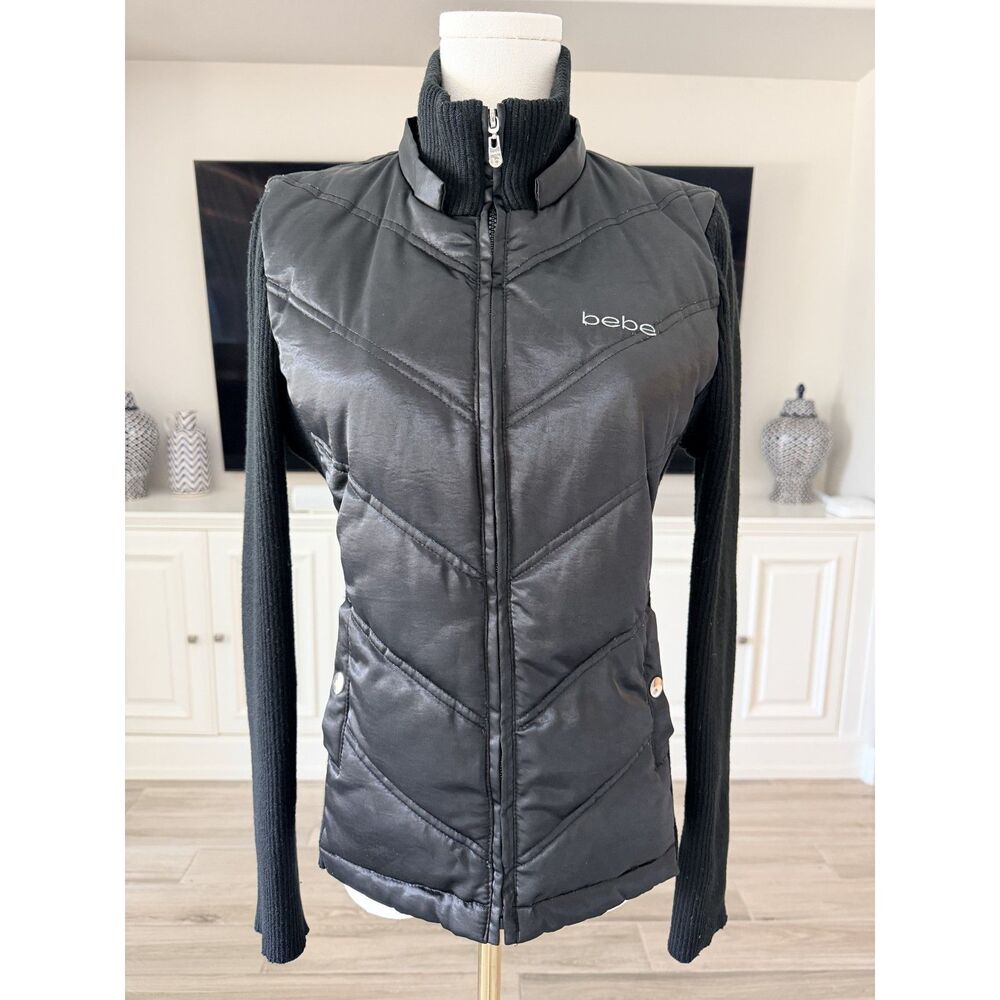 bebe Black Quilted Puffer Vest Knit Turtleneck Sleeves Full Zip Size L